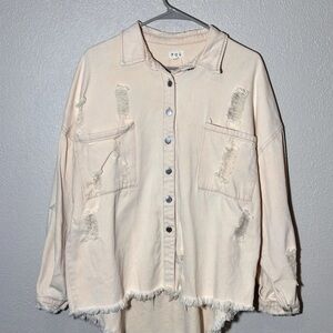 POL Shacket Womens Medium Pink Distressed Button Front Raw Hem Oversized